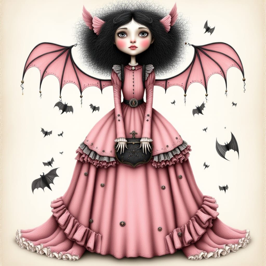 <lora:DIGI-DOLLYING AROUND:1.0>Whimsical pink and white polka dot vampire, dressed in a flowing, translucent gown, with a black coquette bow...