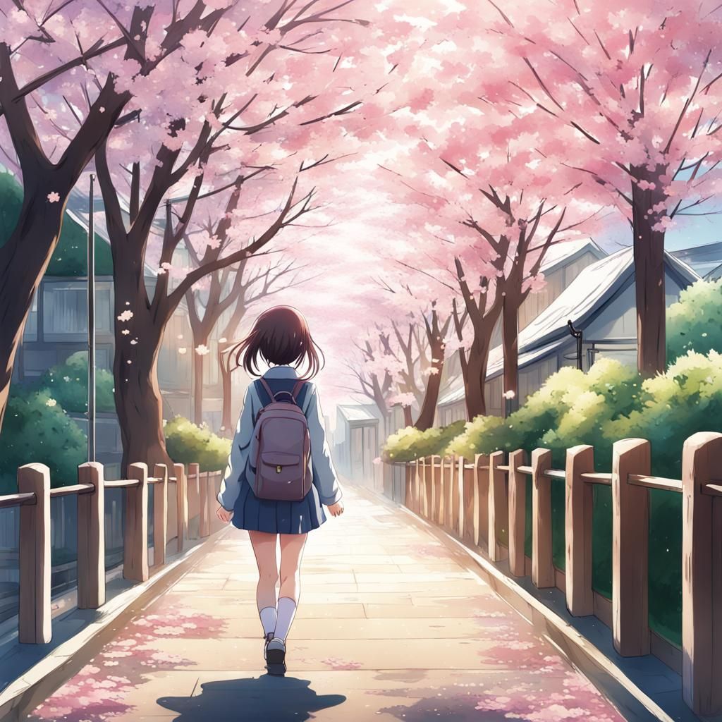 Girl Walks Home from School in Japan, Anime Style