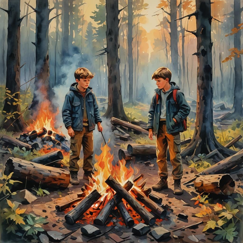 Boys at Campfire in Forest, Gouache Watercolor Painting