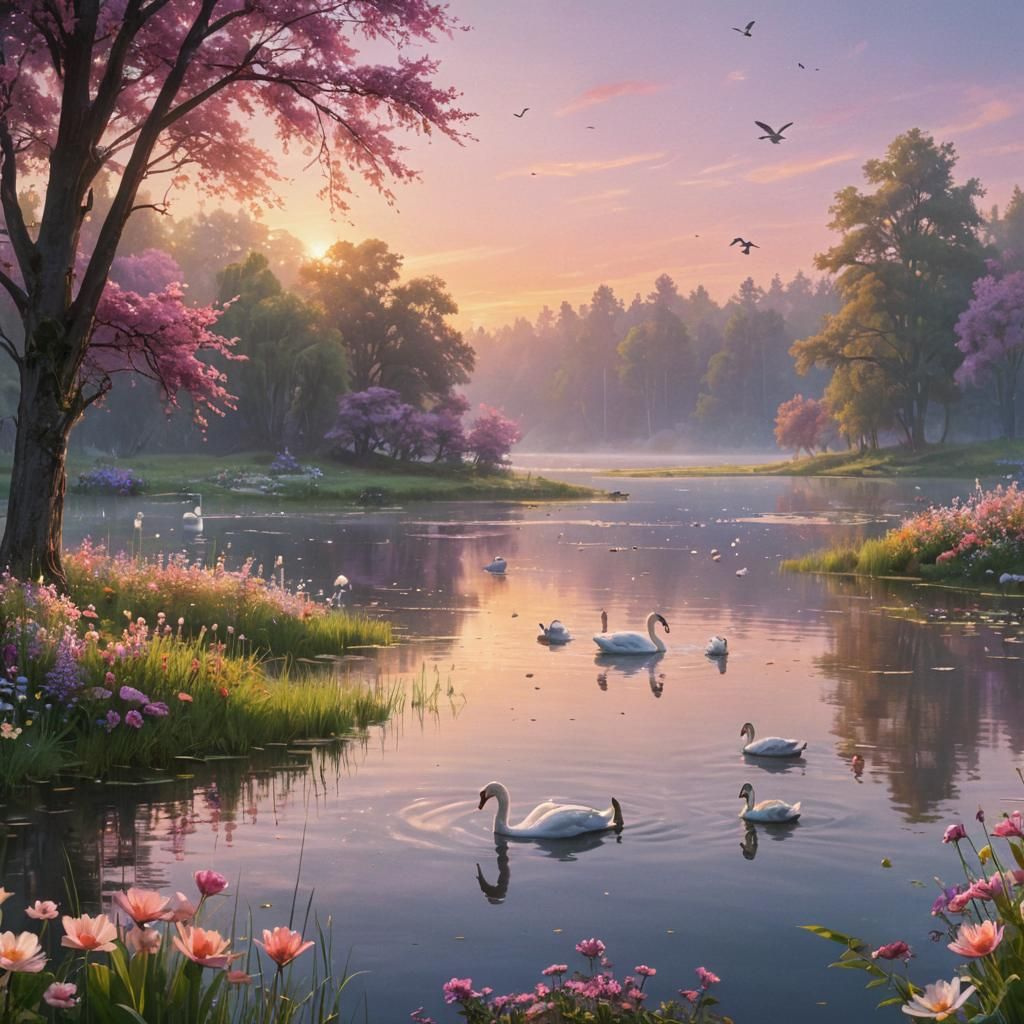 Serene Fantasy Lake with Swans in Golden Light