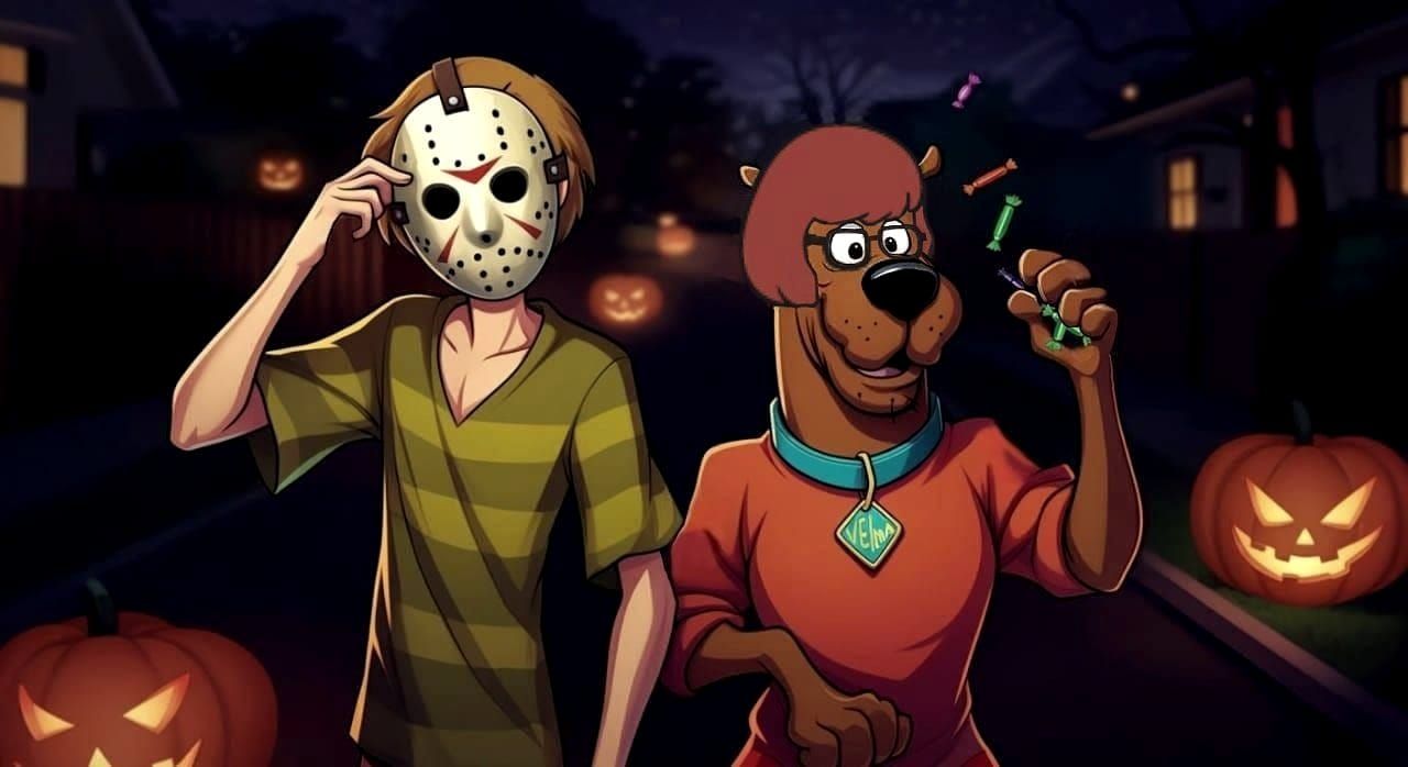 Shaggy and Scooby as Jason chasing Velma on Halloween
