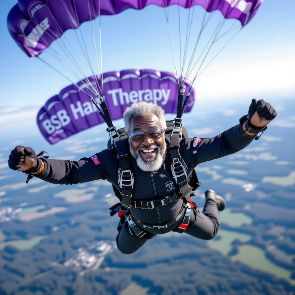A distinguished black elderly gentleman, with a twinkle in his eye and a neatly trimmed beard, sky diving, ...  by @Sebastian Brown