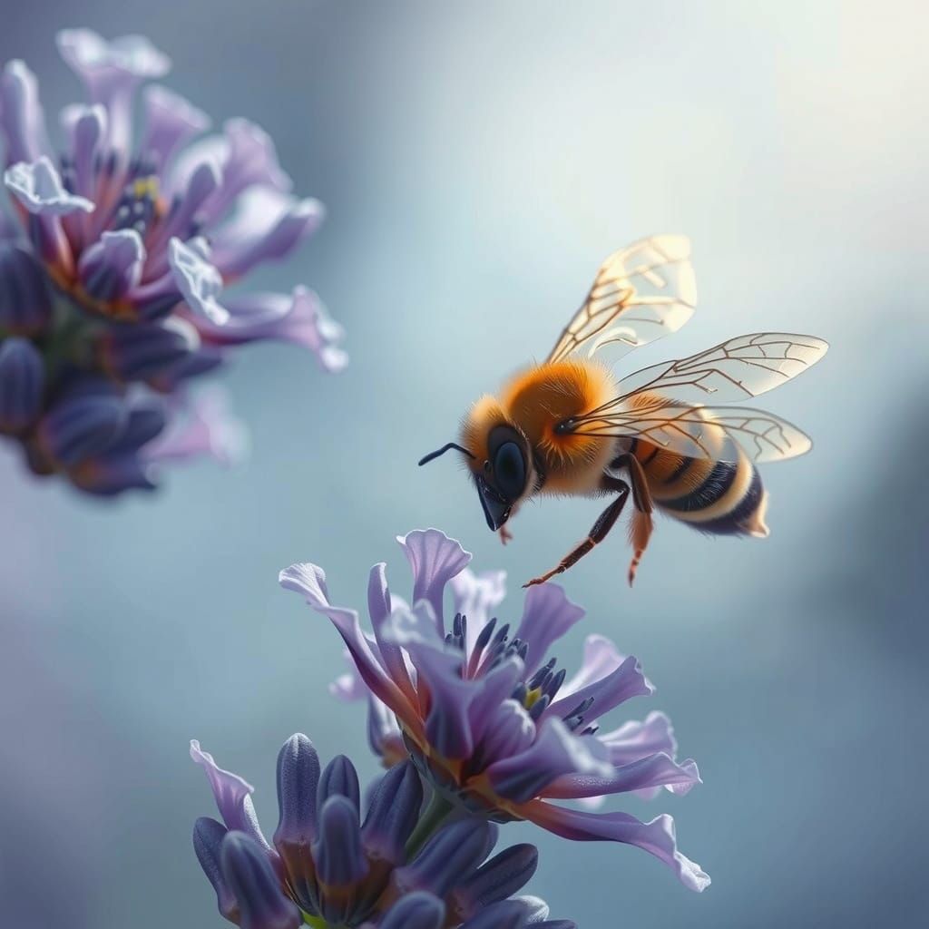 macro image of A bee hovering above a lavender flower, its tiny wings blurring in motion, painted in ...  by @Michael Hendrickson