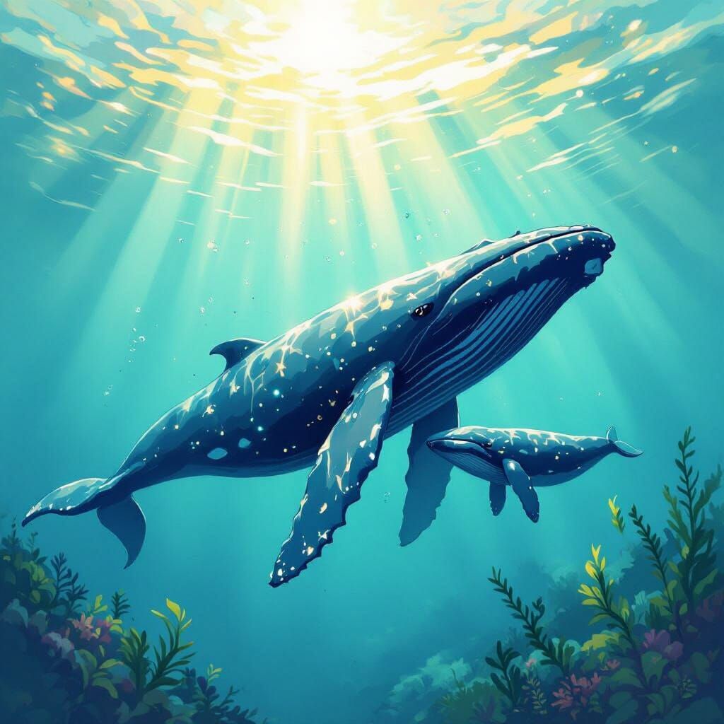 Mother humpback whale with baby whale with sunbeam shining through water  by @RSA2