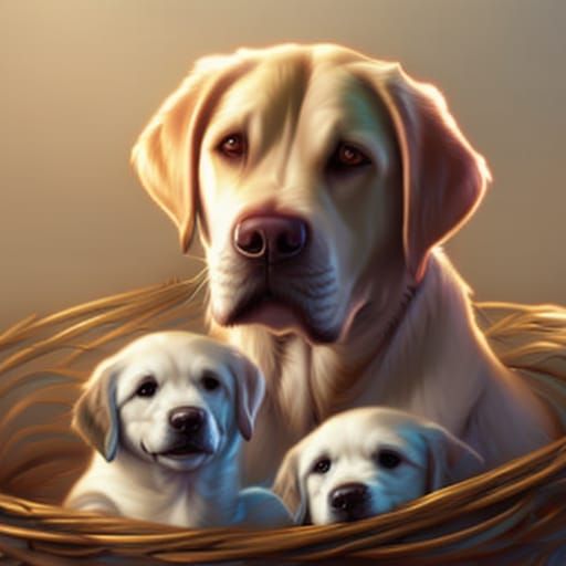 Labrador Retriever and puppies in a basket next to him, look...