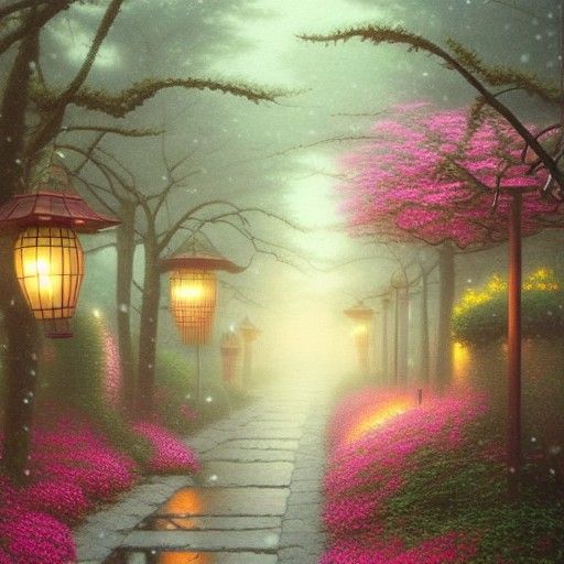 Japanese Overgrown Lanterns with Roots and Flowers On a Path...
