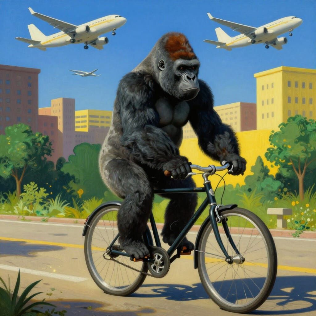 Gorilla Cycling in Surreal Cityscape with Airplanes