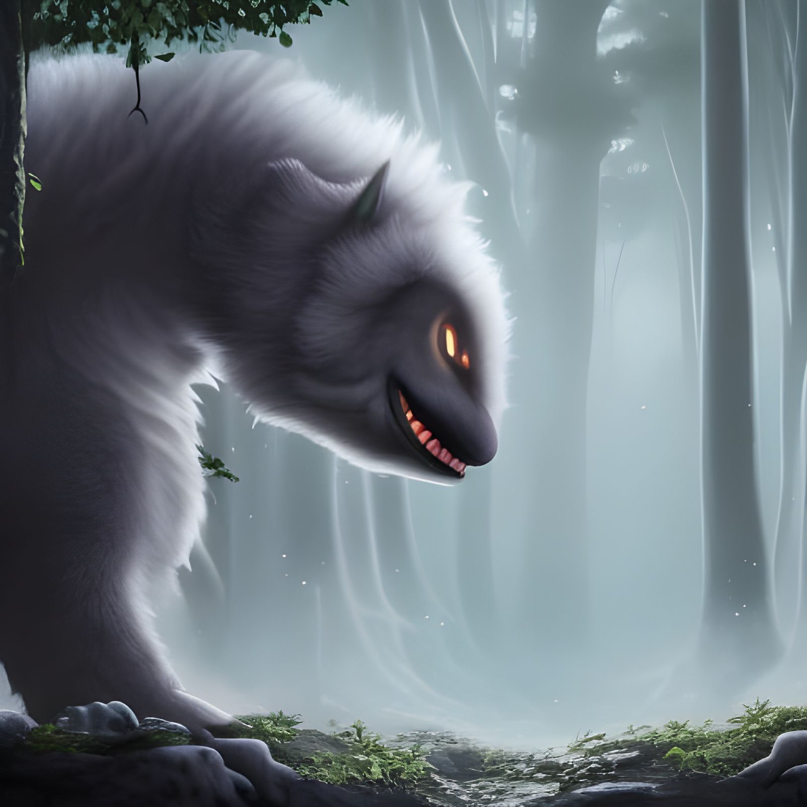a digital painting of a fluffy big "beast" in a forest
