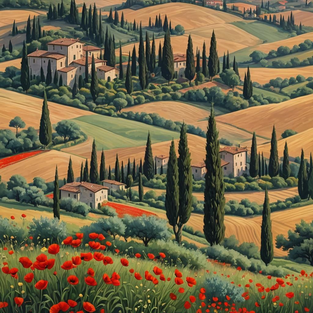 tuscan hills sunset poppies cypresses