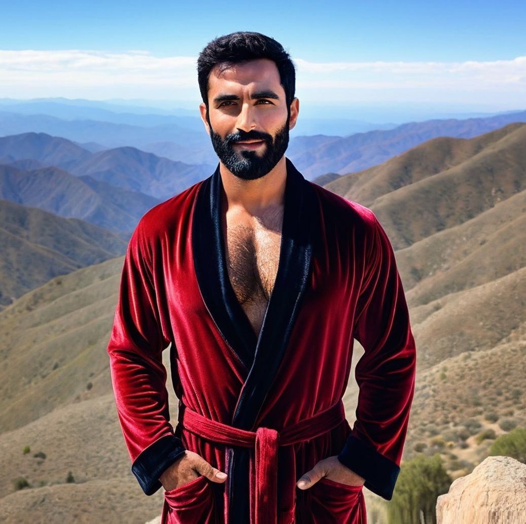 A handsome bearded man wearing a red velours bathrobe