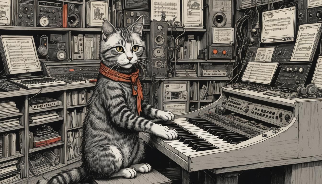 A Cat and Synth: cute Cat plays a synth; in a music lab; bea...
