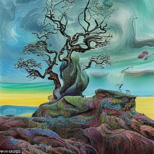 Surreal Cliffside Scene in Vibrant, Swirling Colors