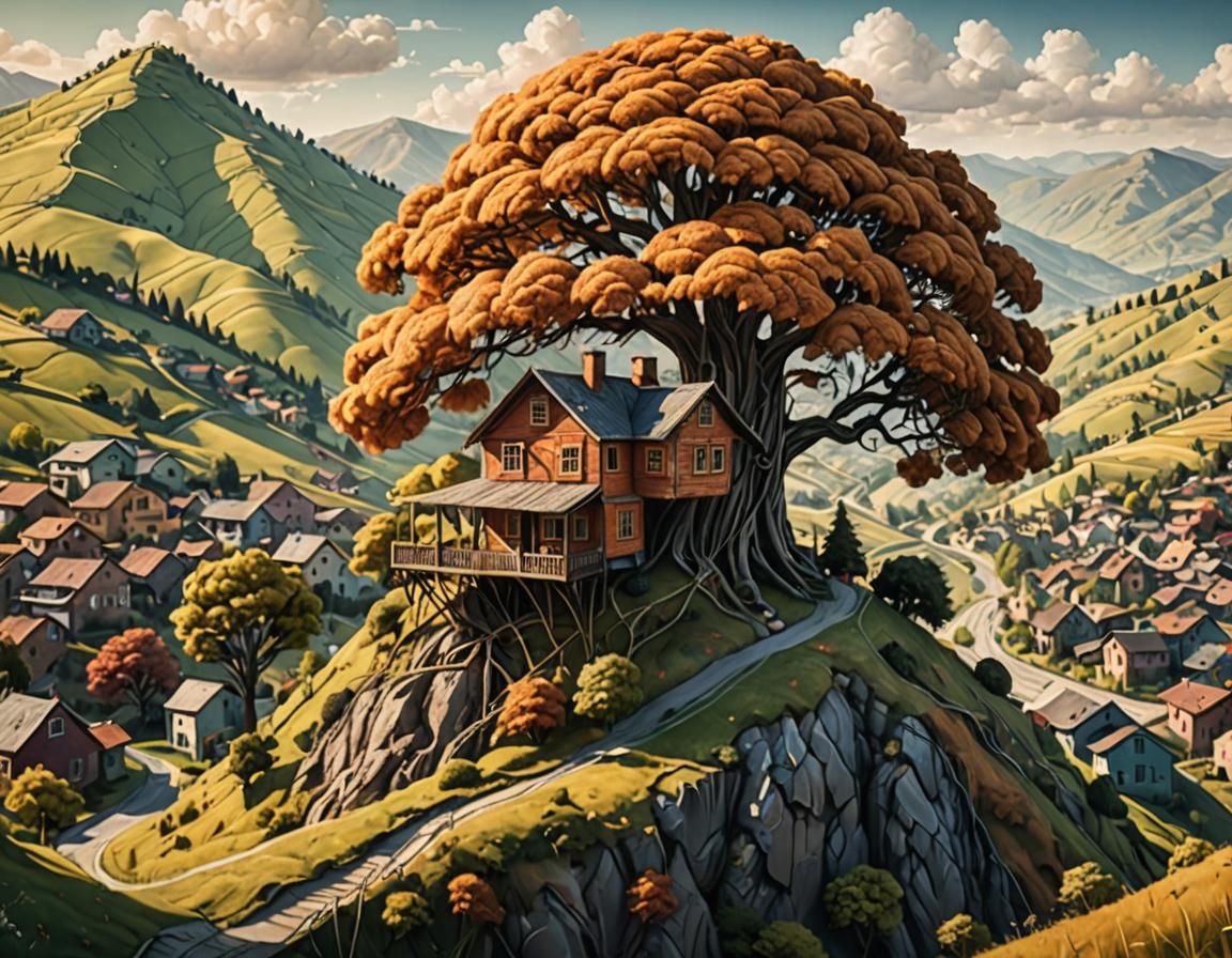 A tree made of strings. landscape of hills made of strings. ...