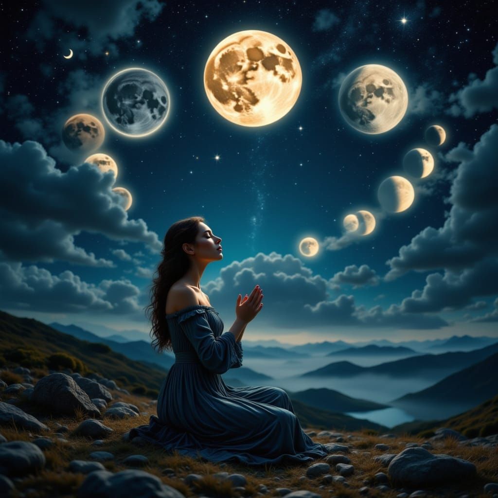 Woman Prays Under Celestial Moon Phases in Renaissance Style