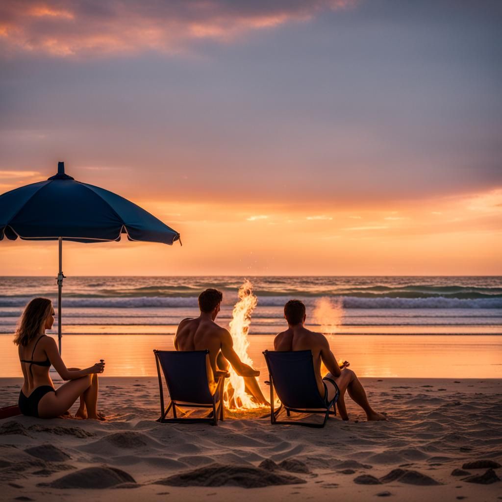 man and woman in swim suits relaxing on a beach at sunset un...