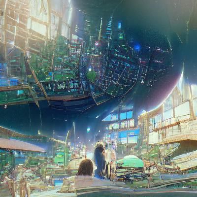 3d of a cyberpunk city in space with shading lighting and a ...