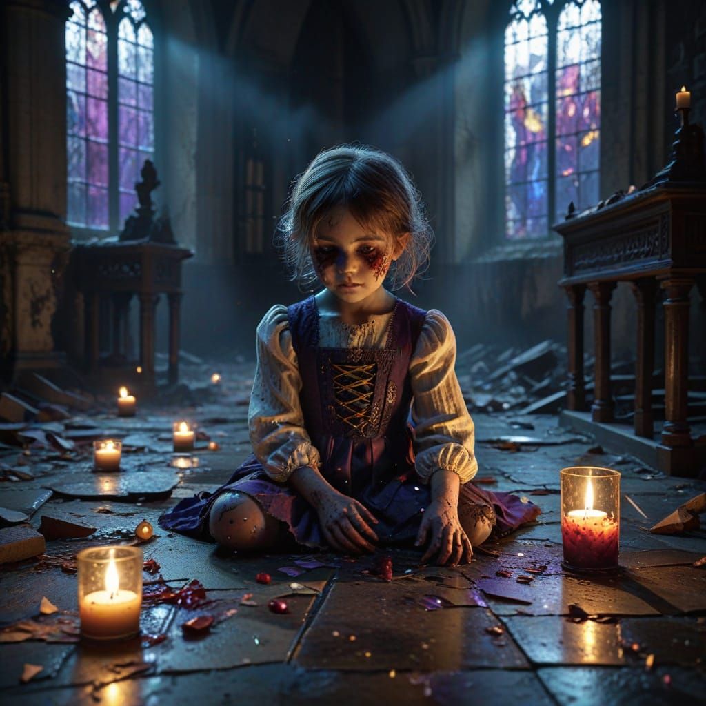 an old abandon gothic styled church with splatters of blood on the floor. etchings and scratch marks ...  by @whitneyy lutz