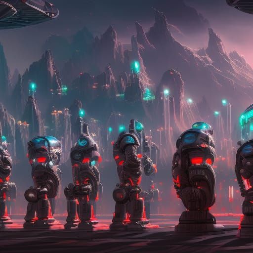 robot army high tech area with lined up robots