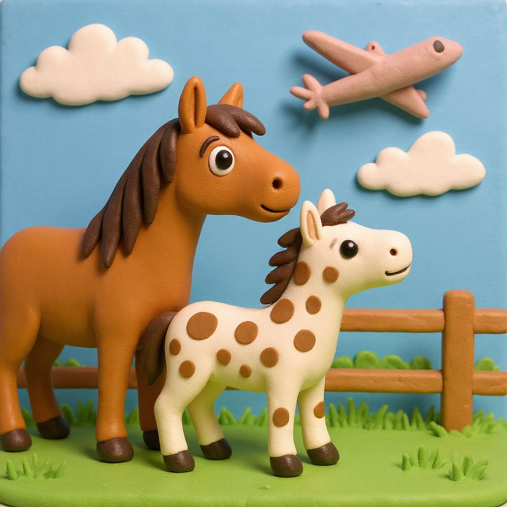 Cute Childlike Drawing of Mare and Foal