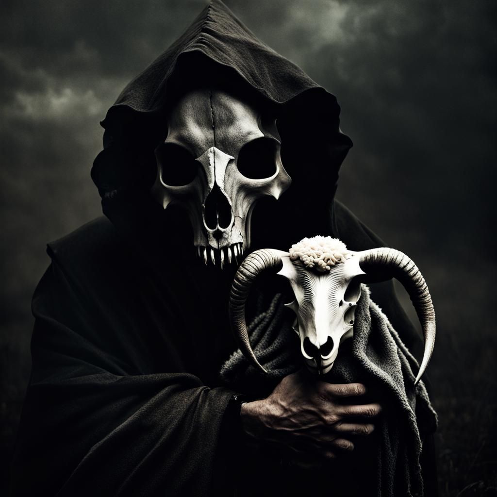 Man with lamb head holding a skull with a hood on his head, dark cinematic photography, a minotaur wolf, dark ambient album cover, inspired...