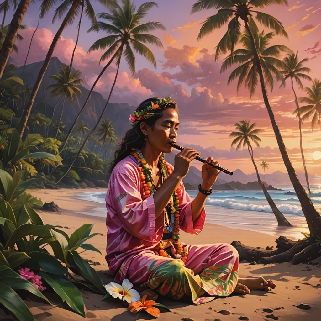 Hawaiian Sunset: Flute Player in Oil Painting Style