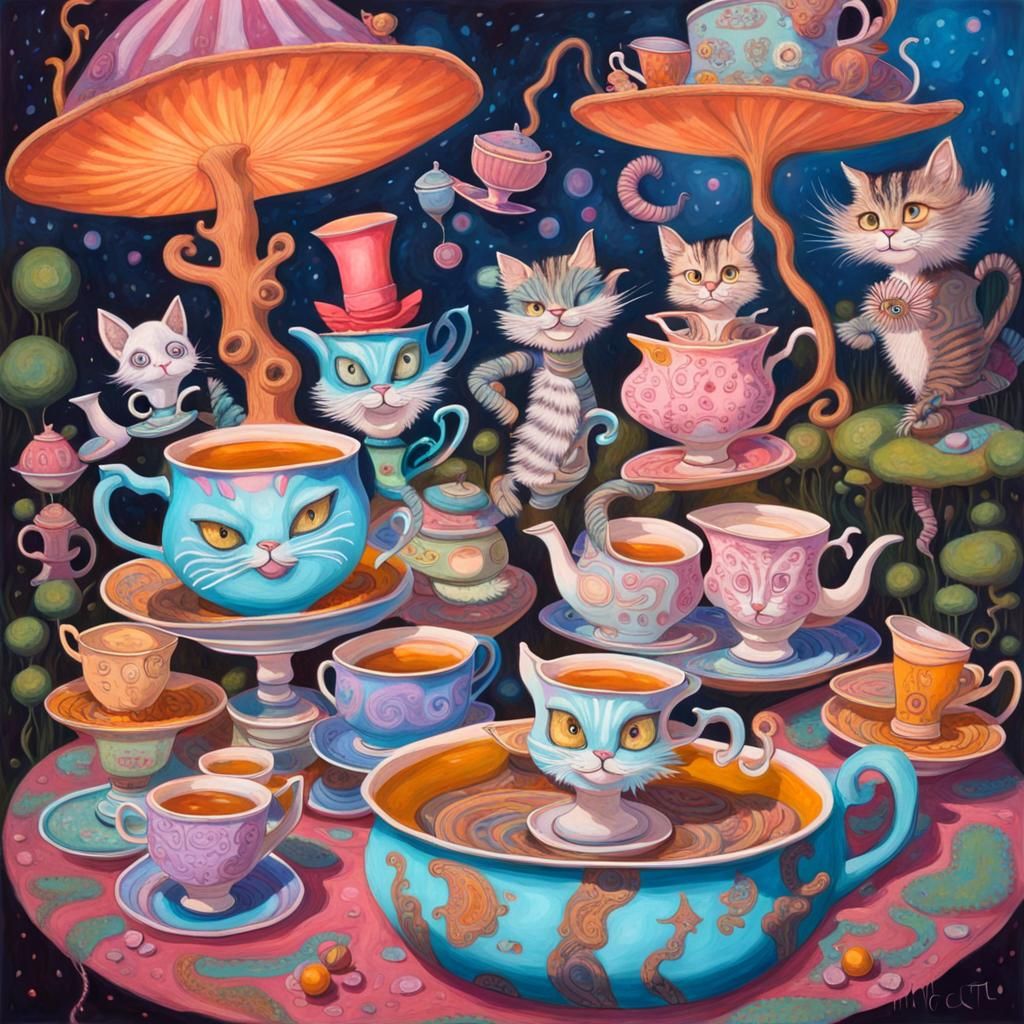 Whimsical, psychedelic scene with floating tea cups and talk...