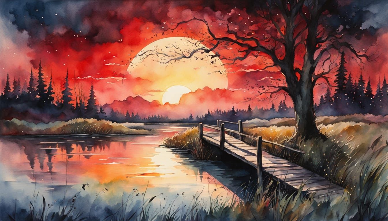 Watercolor fantasy art. Medium shot. A stunning lady stands on a small bridge over a swampy river, surrounded ...  by @Mr Classics