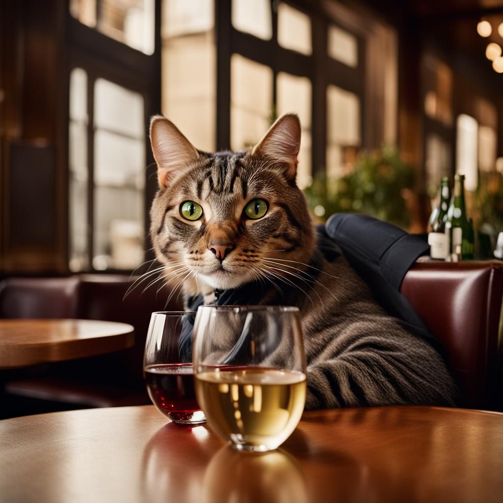 a cat drinking wine in a restaurant