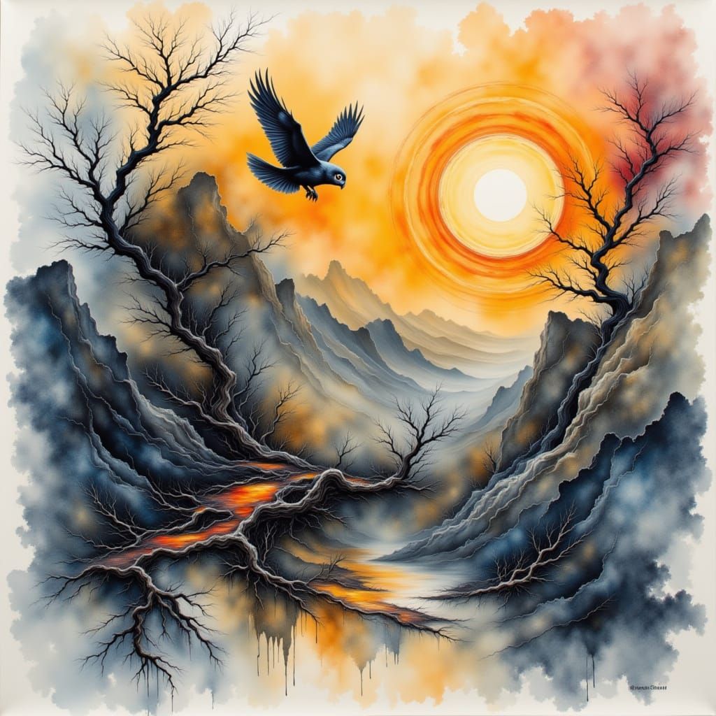 An owl flies through an amazing landscape