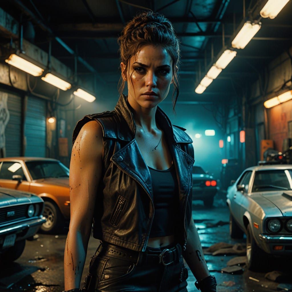 Sensual Garage Goddess in Neon Noir