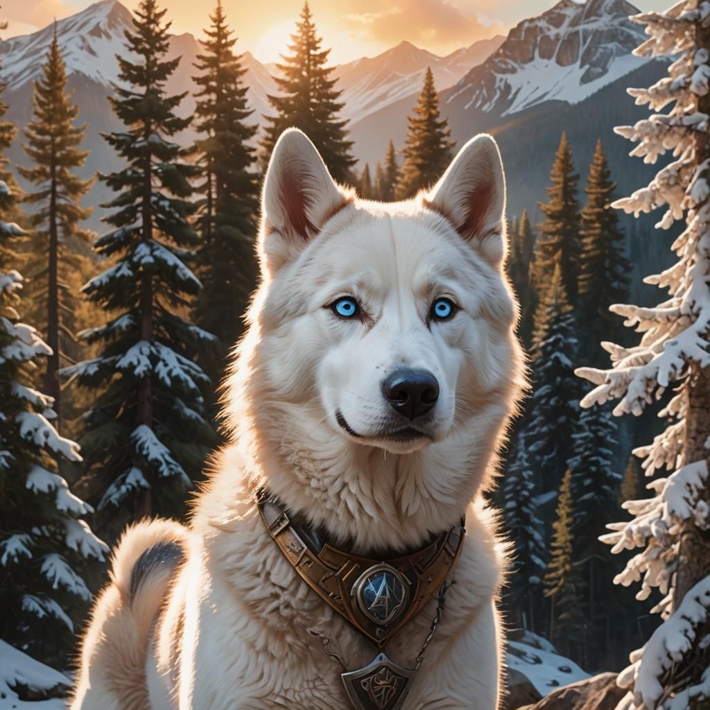 Shield shaped logo with heroic 
blue-eyed white husky bust, and tree and mountain background inside it ...  by @Rowan B