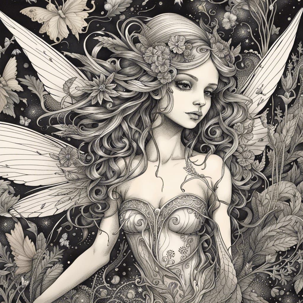 Extremely detailed black and white Ink drawing of a magical ...