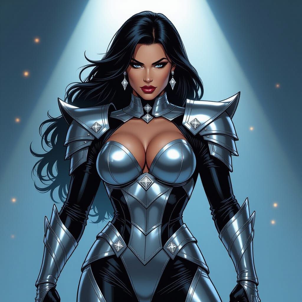 A Metallic suit with silver diamond s with black armour DIVA Queen wrestler . 