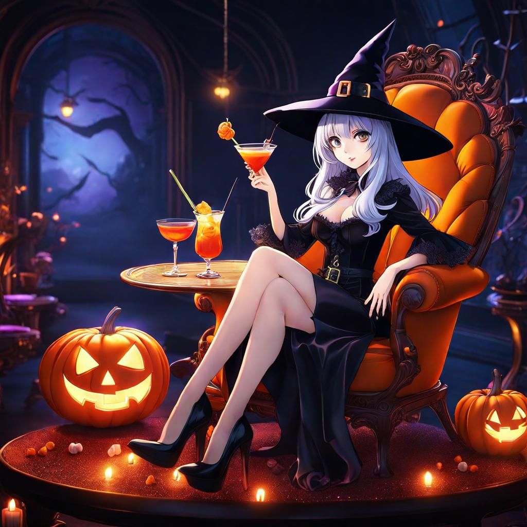 "Cute anime witch drinking Halloween cocktail on ghost marsh...