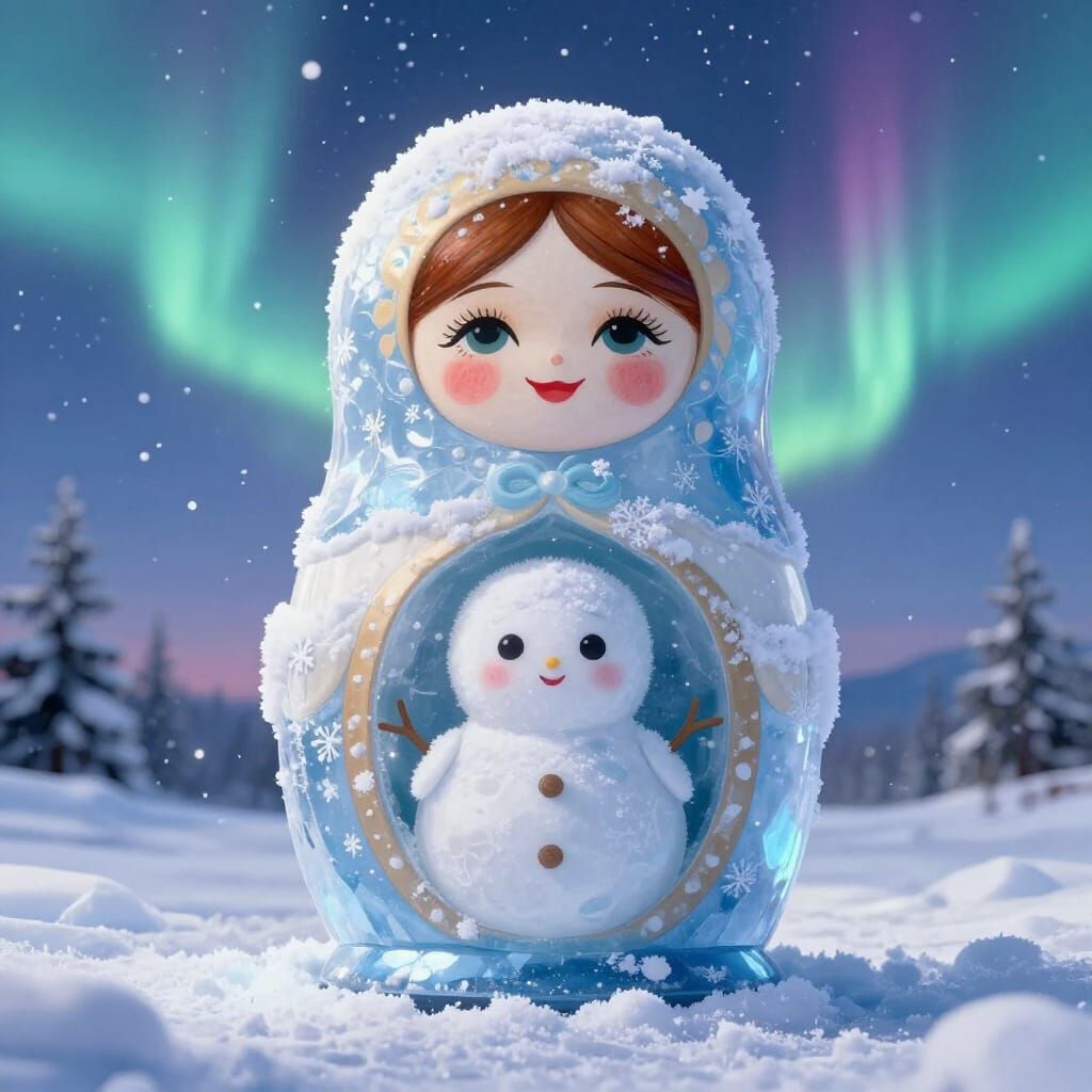 Snow Matryoshka Doll Under Aurora Borealis