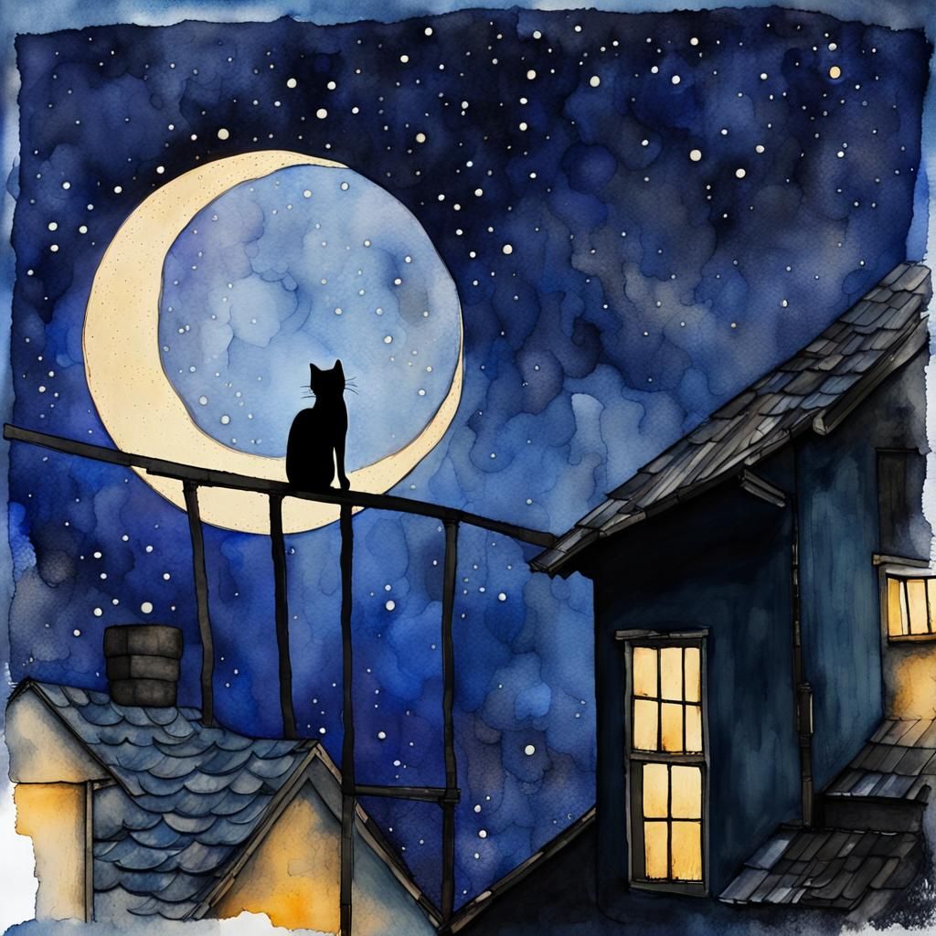 twilight, intricate, organic layered double exposure digital liquid ink watercolor Illustration, a cat walkings on a roof, silhouetted again...