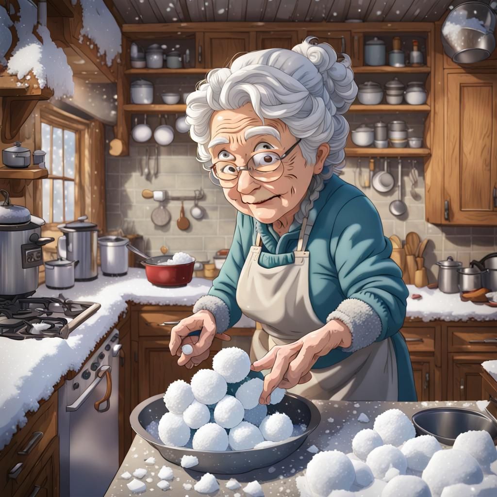 Alaskan granny cooking snowballs, kitchen made of ice, winte...