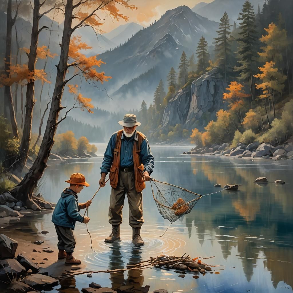 Fishing Lesson: Impressionist Oil Painting of Generational T...