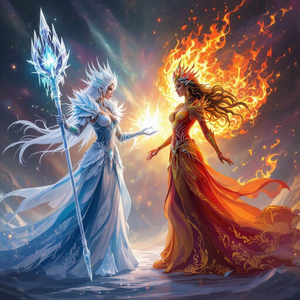 Ice Queen vs Fire Queen in Holographic Astral Illustration