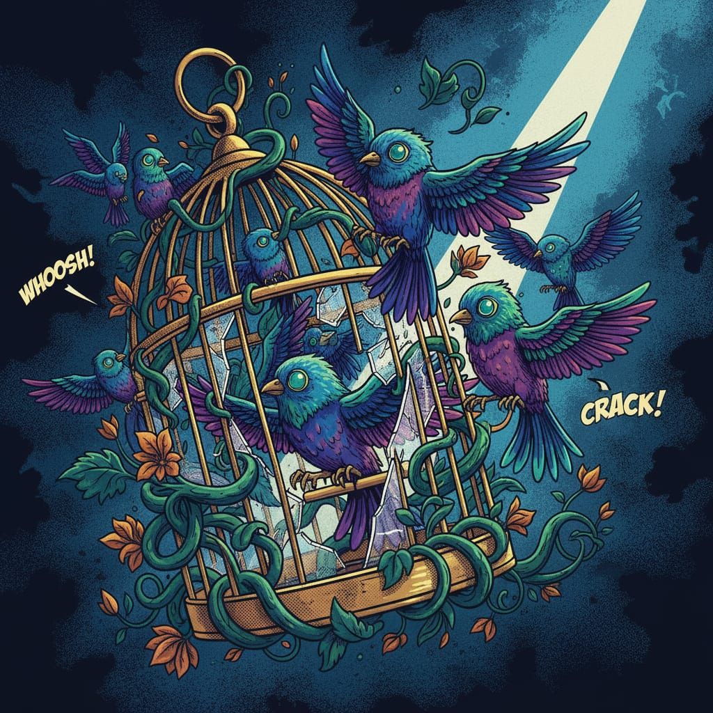 A flock of magical birds escaping from a crumbling golden birdcage, vines reclaiming the glass panes. Dramatic lighting. The b...