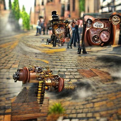 Photorealistic happy steampunk street scene