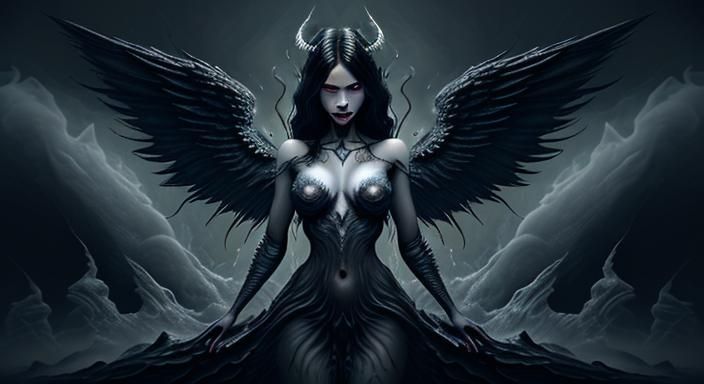 an angel with black angel wings, angel of death, hell, fire,...