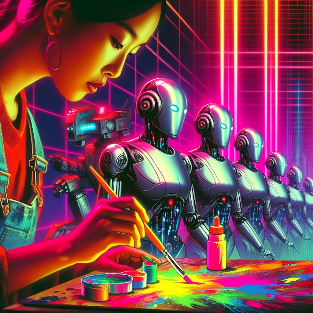 A human in the foreground creating art, several robots in th...
