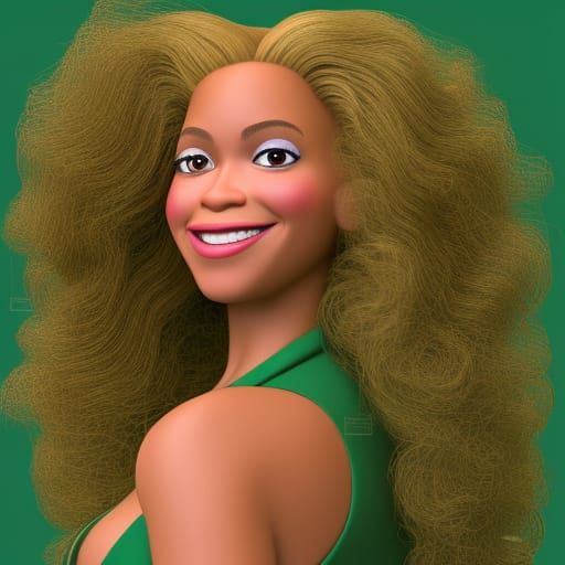 Beyoncé with long  curly blonde hair. She has on a green dre...