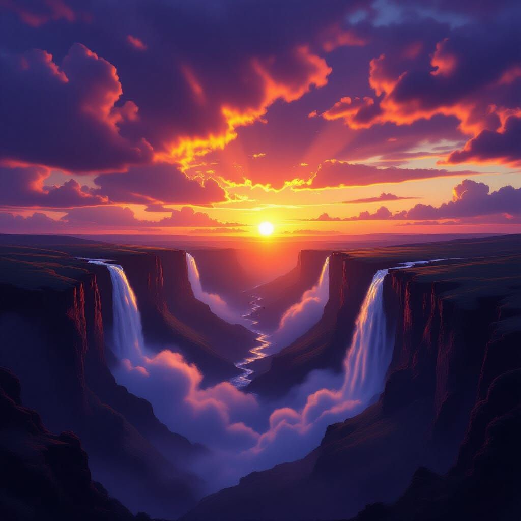 During sunset, the water falls from the clouds, catching the fiery light as it tumbles into a deep valley