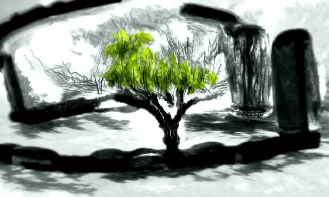 Northern Tree Standing in a Grave hyperdetailed charcoal dra...
