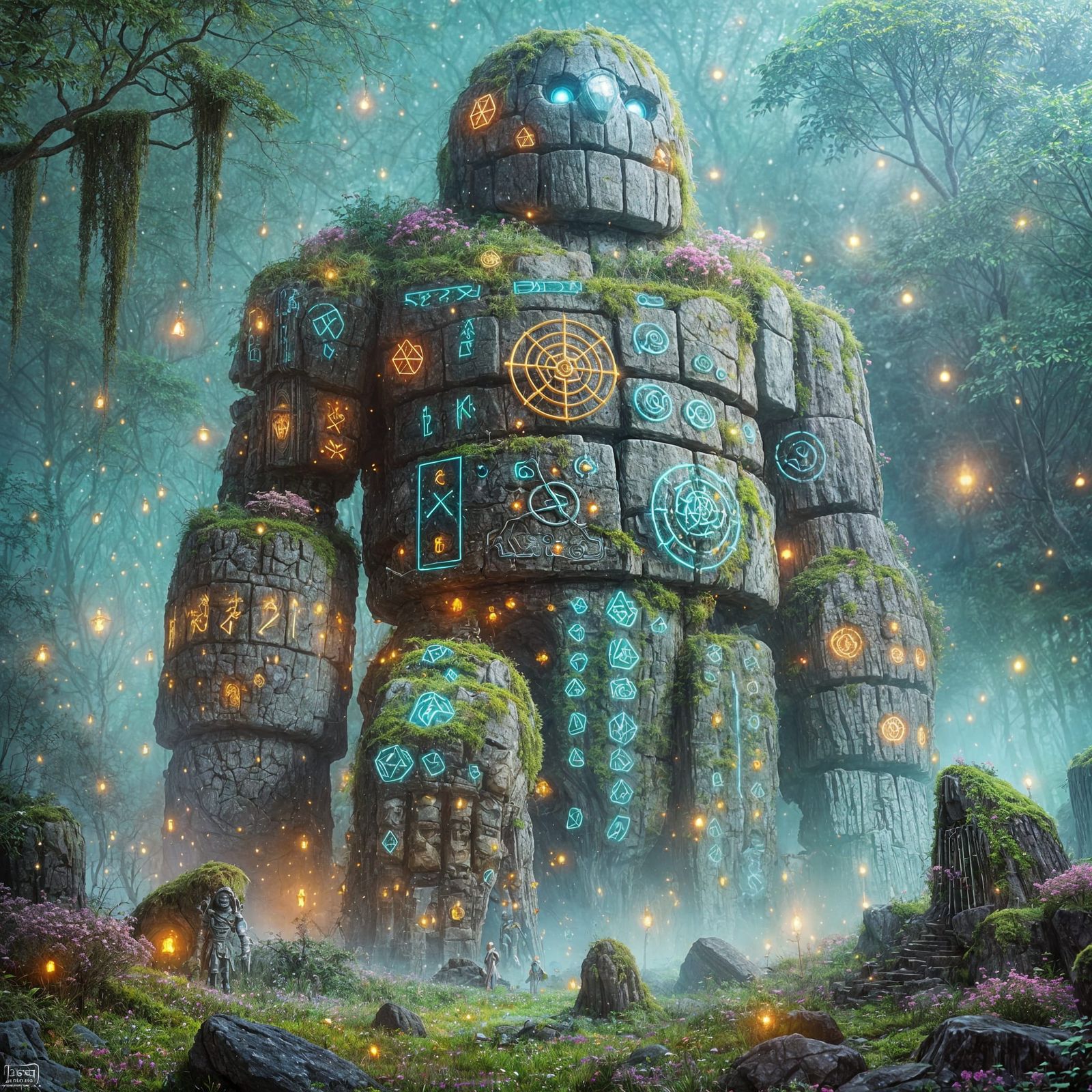 Ancient Stone Golem Covered in Glowing Runes and Ruins