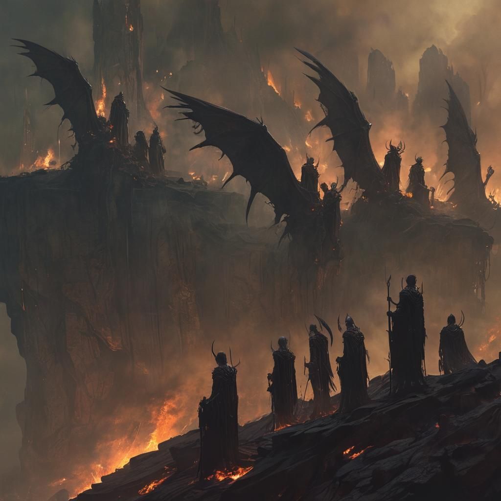 Demonic Angels Overlook Burning City in Dark Fantasy Art