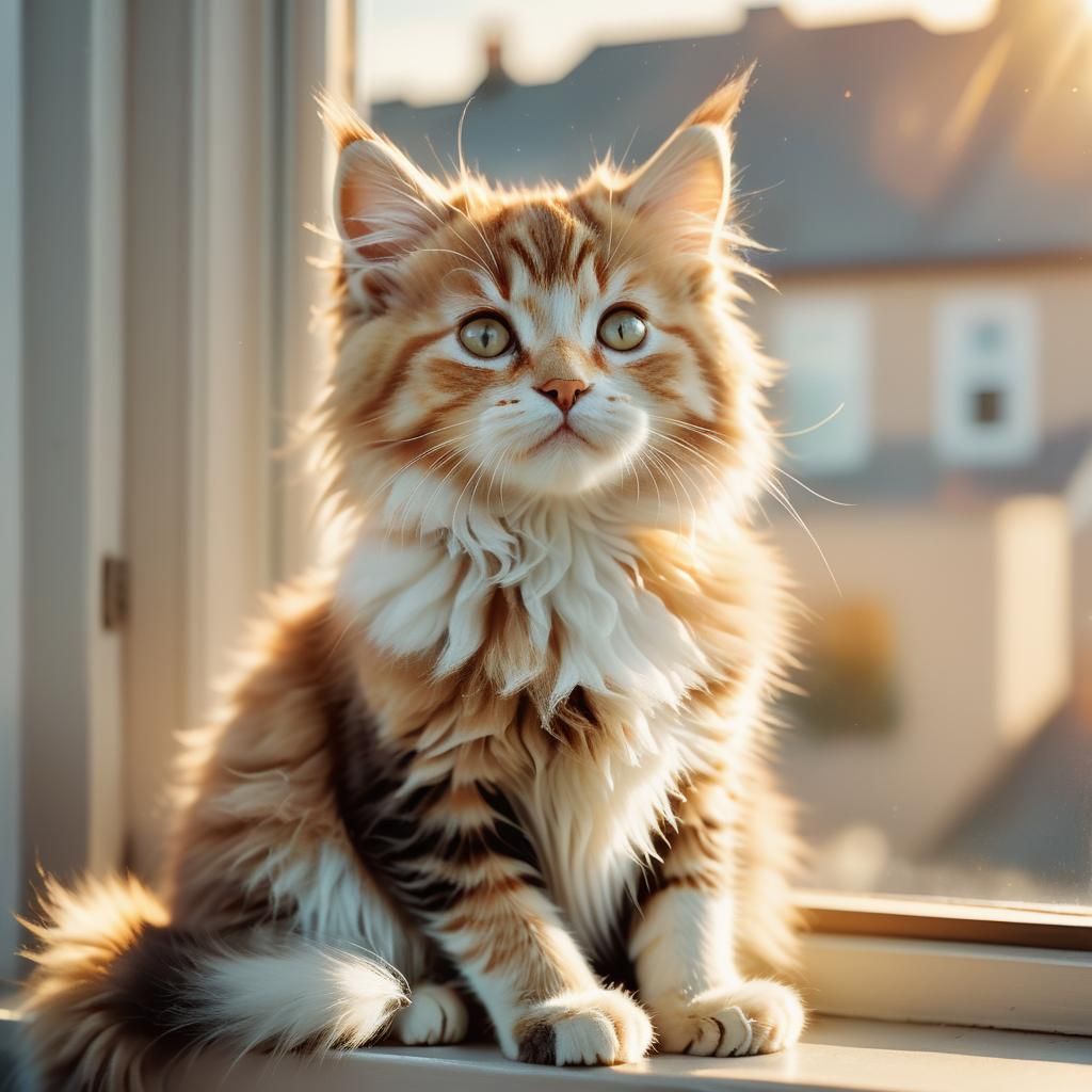 Fluffy Kitten Gazing Out: Cinematic Film Still