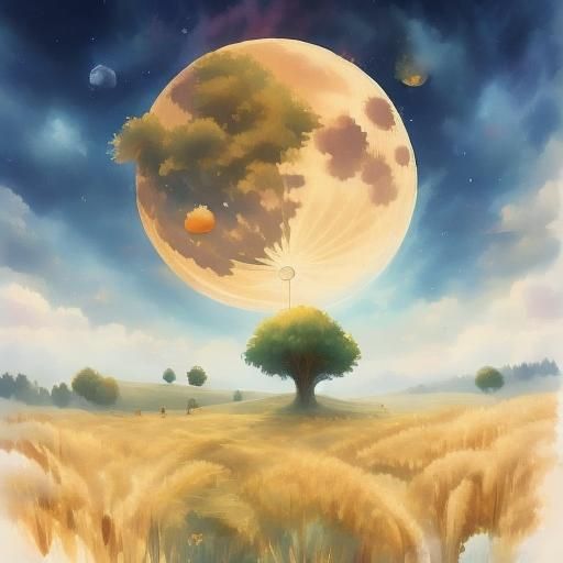 <lora:Spirit World:1.0> harvest moon in a field of wheat, tree in background, water colour
